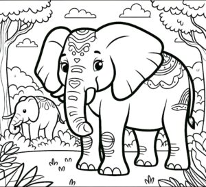 Kolorowanka z rodziną słoni w dżungli